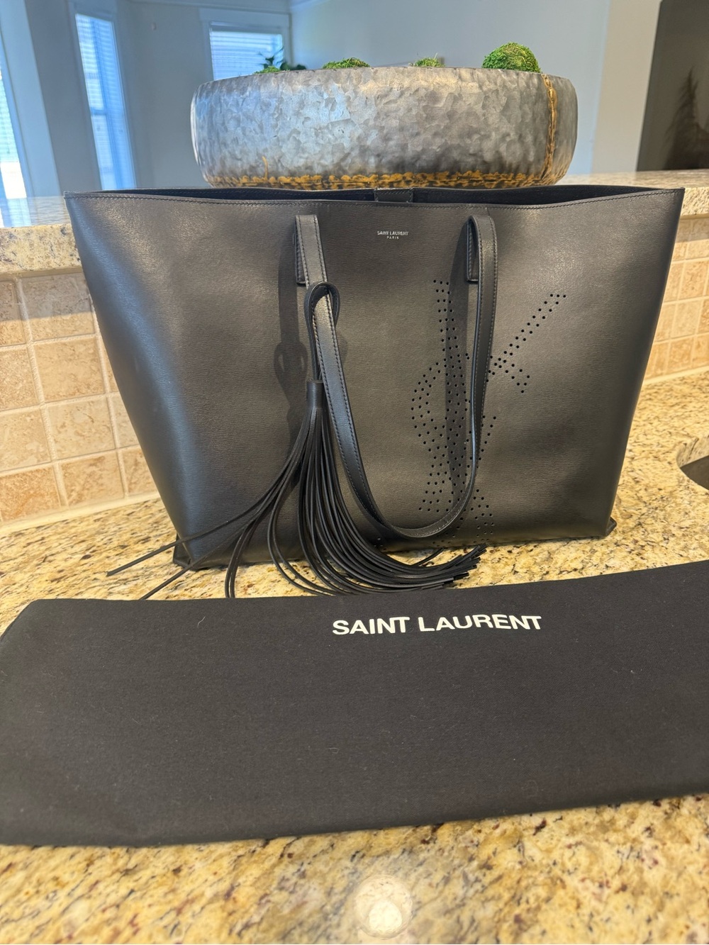 Saint Laurent Black Leather Tote with Fringe Tassel